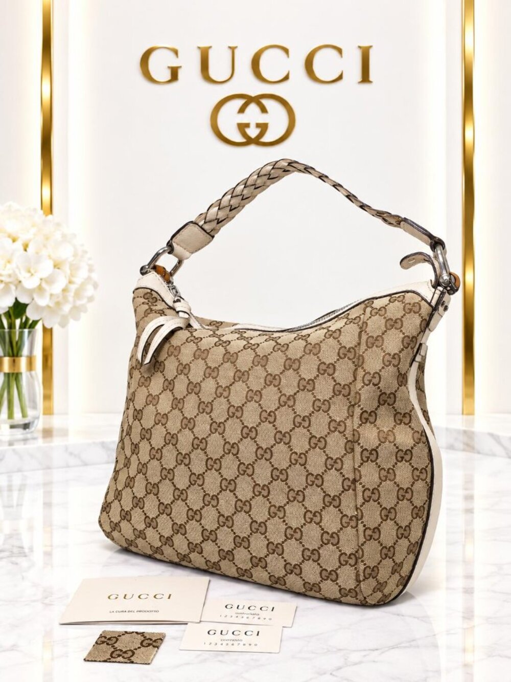 Authentic Gucci GG Canvas Hobo Bag Leather Braided Handle Shoulder Bag